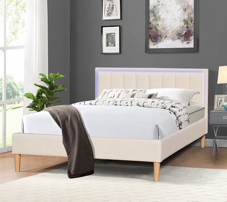 Koningin Size Linen Fabric Wood bekleedde Bed met LEIDEN Lichtenhoofdeinde