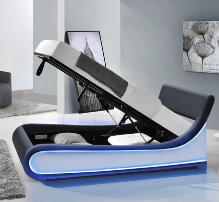 Tweepersoons kingsize LED gestoffeerd bed Modern zwart kunstleer