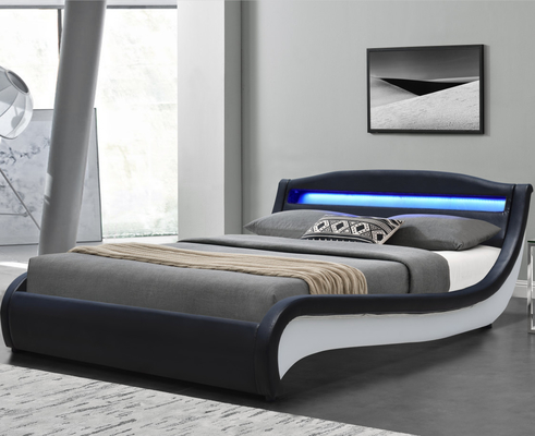 Zwart/Wit Dubbel Gestoffeerd Bed Leren Platformbed Met LED Licht