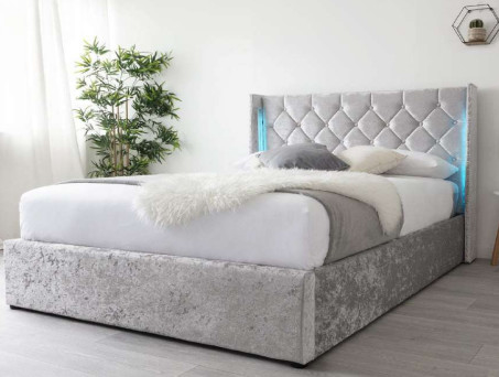 Queen size grijs geplet fluwelen multiplex bed met led-licht hoofdeinde aan beide zijden