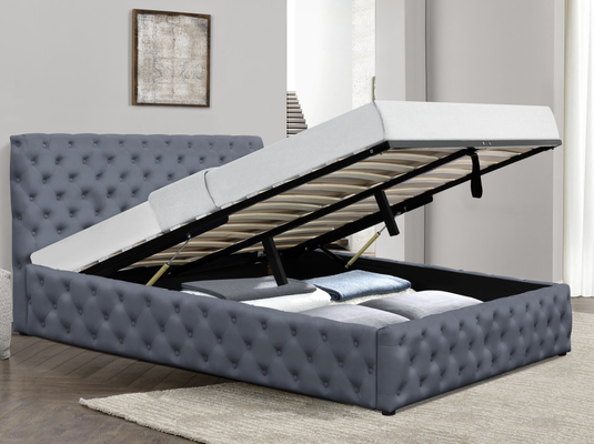 De lichte Grey Velvet Gas Lift Storage-Knopen van Size Upholstered Tufted van de Bedkoning