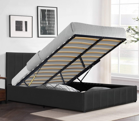 Zwarte fluweelstof King Size Gas Lift Bed Houten frame