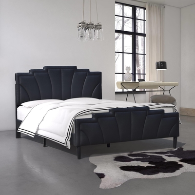 Een heel gewoon gepolsterd bed frame met een onderscheidend hoofdbord, anders dan de anderen.