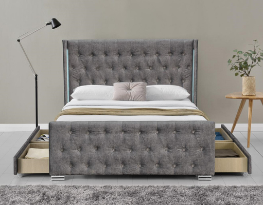 Wing Back Ottoman Tufted Storage-Bedkoning Size Wood Sliver Grey Crushed Velvet With Headboard