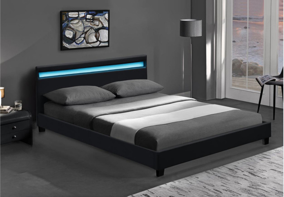 Houten Dubbele LEIDEN Bekleed Bed Zwart Wit met Hoofdeinde Geleide Lichten