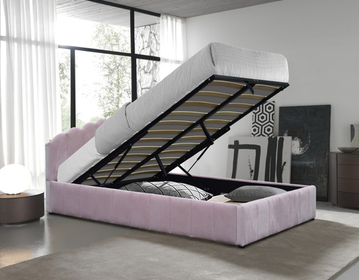 Gestoffeerd gaslift-opbergbed dubbel formaat roze kleur pluche fluwelen stof