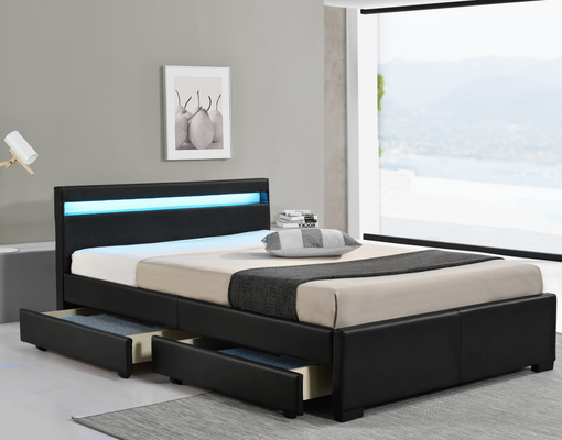 Zwart kunstleer dubbel gestoffeerd bed met verlichting, draadloze afstandsbediening