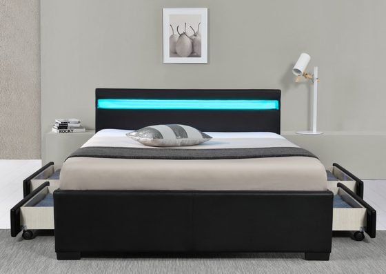 Zwart kunstleer dubbel gestoffeerd bed met verlichting, draadloze afstandsbediening