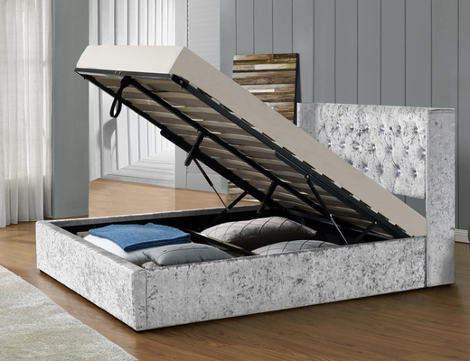 Comfortabele zilveren stoffen gaslift opbergbed Crush Velvet met LED-licht hoofdeinde