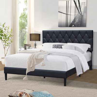 Twin Size Gestoffeerd Bedframe Zwart Leer Verstelbaar Hoofdeinde Getufte Knopen