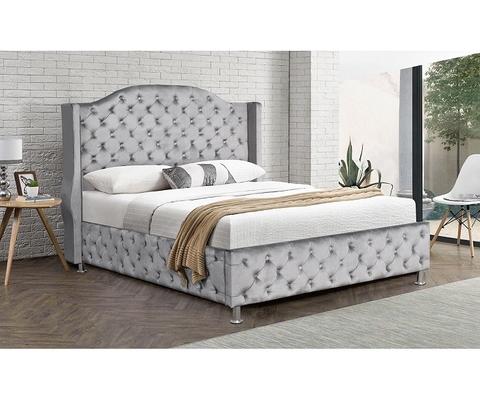 Het aangepaste Zilveren Doorgenaaide Hoge Hoofdeinde van Grey Upholstered Bed Velvet Fabric Knoop