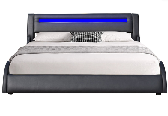 Zwart faux leer Pu Led gepoleerde bed frame met verstelbare hoofdplaat