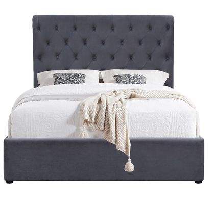 King Size 500lbs Gas Lift opslag Bed Grijze fluweel stof Tufted knoppen op het hoofdbord