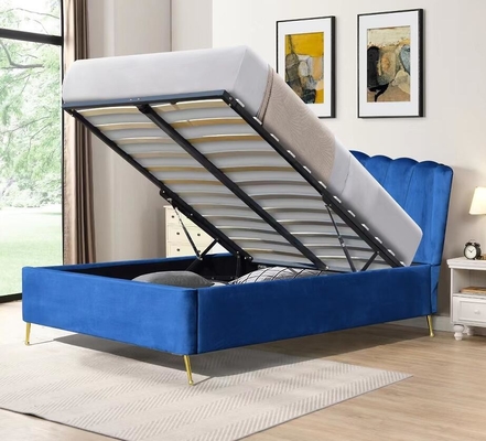 Blauw fluweelstof Ottomaans gaslift opslagbed met vier gouden voeten