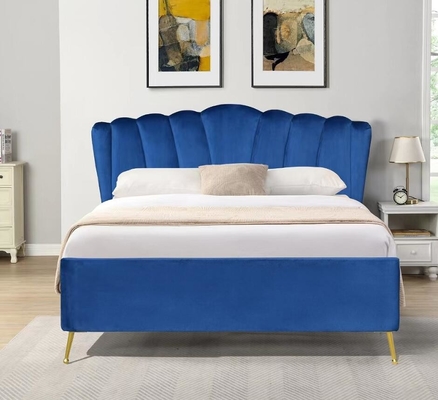 Blauw fluweelstof Ottomaans gaslift opslagbed met vier gouden voeten