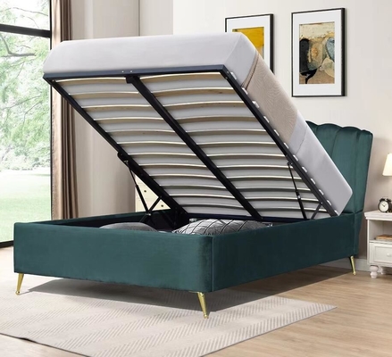 Blauw fluweelstof Ottomaans gaslift opslagbed met vier gouden voeten