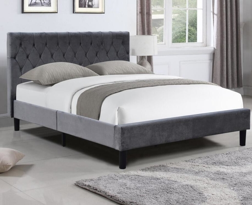 Velvet Stof Donkergrijze Gepolst Bed Frame Koningin Grootte Met Knoppen Op Hoofdstuk