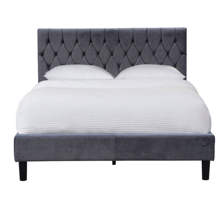 Velvet Stof Donkergrijze Gepolst Bed Frame Koningin Grootte Met Knoppen Op Hoofdstuk