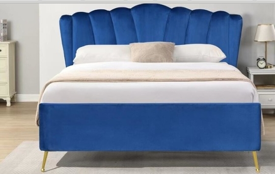 Blauw weefsel fluweel gas lift opslagbed met vier gouden voeten