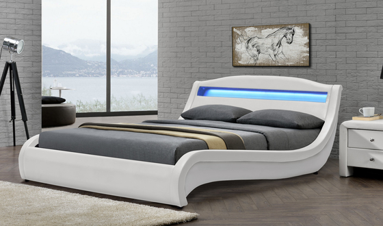 Bed van kunstleder, platformbed, bedraam met ledverlichting, curve design