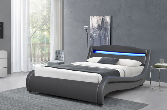 Bed van kunstleder, platformbed, bedraam met ledverlichting, curve design