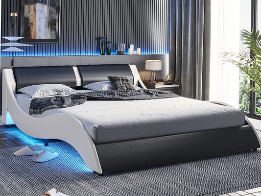 Gepolsterd bed met PU-leerkopplaat, PU-platformbedframe met LED-lichten