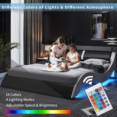 Gepolsterd bed met PU-leerkopplaat, PU-platformbedframe met LED-lichten