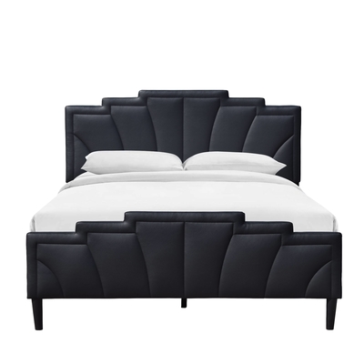 Een heel gewoon gepolsterd bed frame met een onderscheidend hoofdbord, anders dan de anderen.