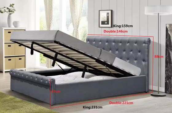 Lift Up Storage Bed Volledige grootte Polsterbed met tufted hoofdplaat en opslag onderin