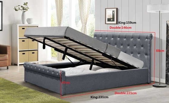 Diamond Buttons Gas Lift Storage-Certificatie van Grey Linen Ottoman Bed BSCI van de Bed de Dubbele Grootte