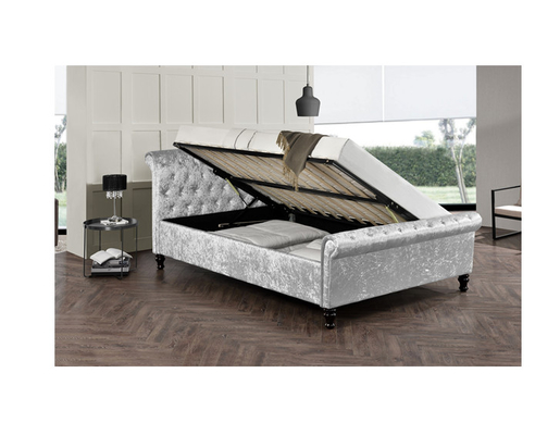Professionele fabriek king size grijs verpletterend fluwelen bed met kristallen knoppen