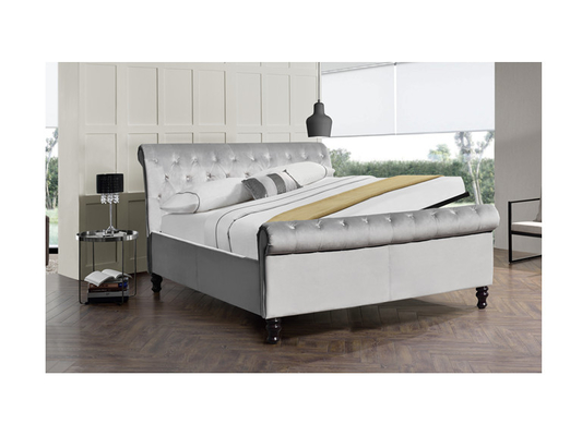 Professionele fabriek king size grijs verpletterend fluwelen bed met kristallen knoppen