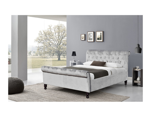 Professionele fabriek king size grijs verpletterend fluwelen bed met kristallen knoppen