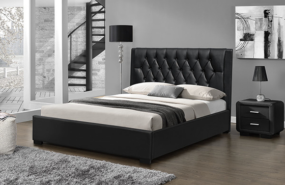 160*200cm Pu Doorgenaaid Hoofdeinde Koningin Bed Frame Black Plastic Been