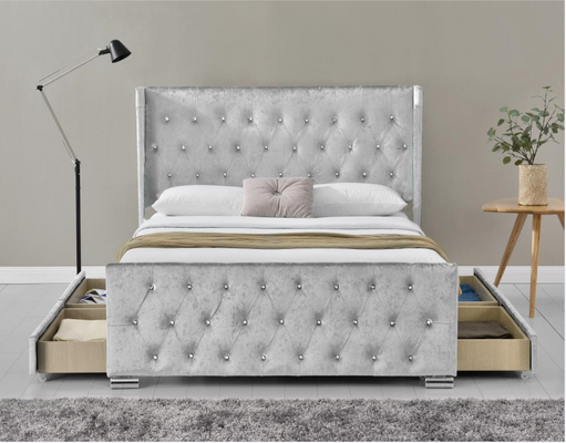 Wing Back Ottoman Tufted Storage-Bedkoning Size Wood Sliver Grey Crushed Velvet With Headboard
