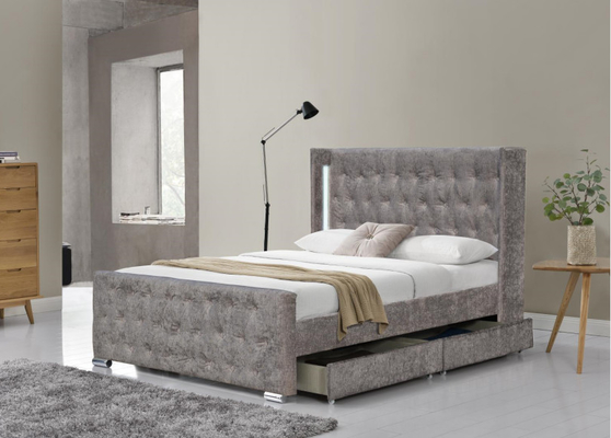 Wing Back Ottoman Tufted Storage-Bedkoning Size Wood Sliver Grey Crushed Velvet With Headboard