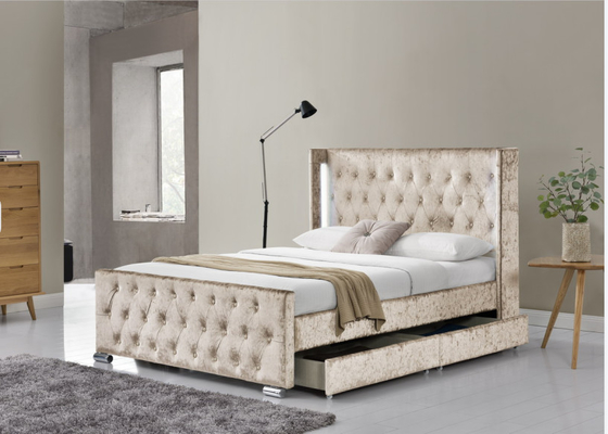 Wing Back Ottoman Tufted Storage-Bedkoning Size Wood Sliver Grey Crushed Velvet With Headboard
