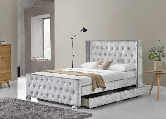 Wing Back Ottoman Tufted Storage-Bedkoning Size Wood Sliver Grey Crushed Velvet With Headboard