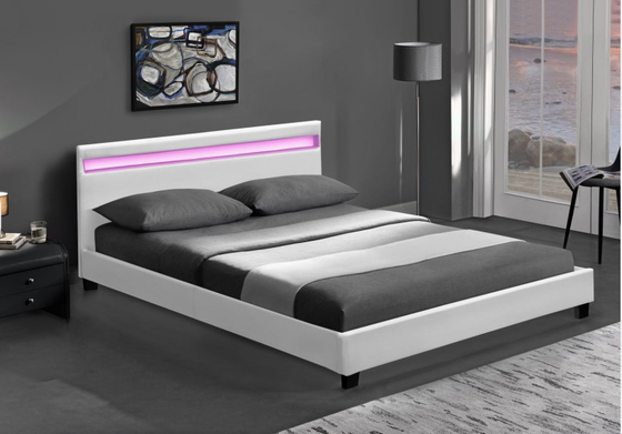 Houten Dubbele LEIDEN Bekleed Bed Zwart Wit met Hoofdeinde Geleide Lichten