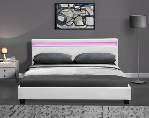 Houten Dubbele LEIDEN Bekleed Bed Zwart Wit met Hoofdeinde Geleide Lichten