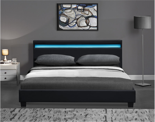 Houten Dubbele LEIDEN Bekleed Bed Zwart Wit met Hoofdeinde Geleide Lichten